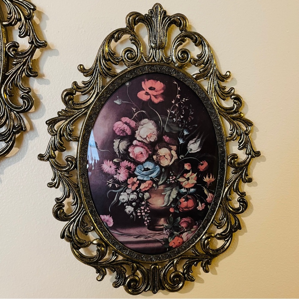 2 MCM PICTURES ITALIAN VTG Victorian Gold Metal Ornament Frames - CONCAVE GLASS